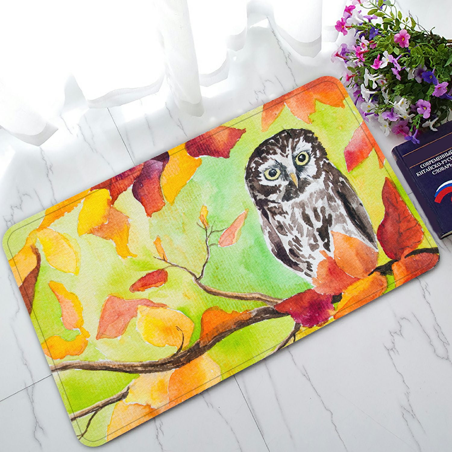 PHFZK Oil Painting Landscape Doormat, Owl Sitting in the Autumn Forest