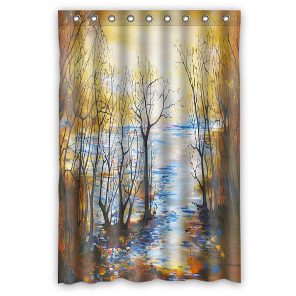 PHFZK Oil Painting Shower Curtain, Autumn Tree along the River Polyester Fabric Bathroom Shower Curtain 48x72 inches