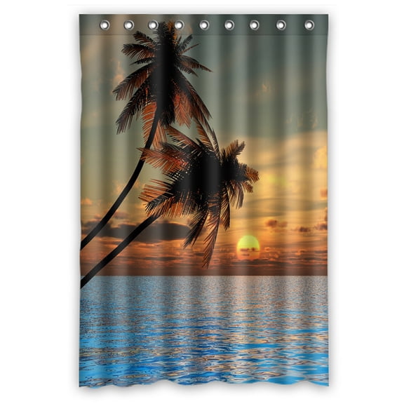 PHFZK Tropical Seascape Shower Curtain, Sunset Coconut Palm Trees on a Beach Polyester Fabric Bathroom Shower Curtain 48x72 inches