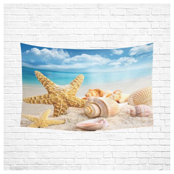 PHFZK Wall Art Home Decor, Starfish and Seashells on the Beach with Blue Sky Tapestry Wall Hanging 60 X 90 Inches