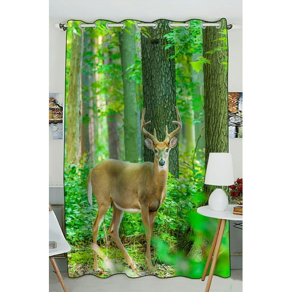 PHFZK Woodland Window Curtain, Whitetail Deer in the Jungle Window Curtain Blackout Curtain For Bedroom living Room Kitchen Room 52x84 inches One Piece