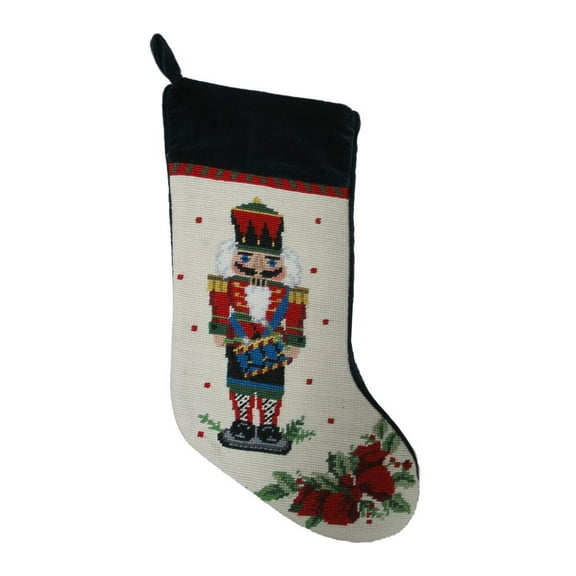PHI Nutcracker Melody with Drum Christmas Stocking, Wool & Velvet Needlepoint,red, white, cream, black, green, blue, multicolored,11 Inch X 18 Inch