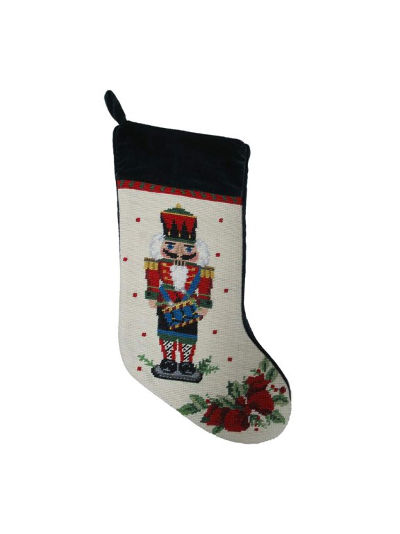 PHI Nutcracker Melody with Drum Christmas Stocking, Wool & Velvet Needlepoint,red, white, cream, black, green, blue, multicolored,11 Inch X 18 Inch