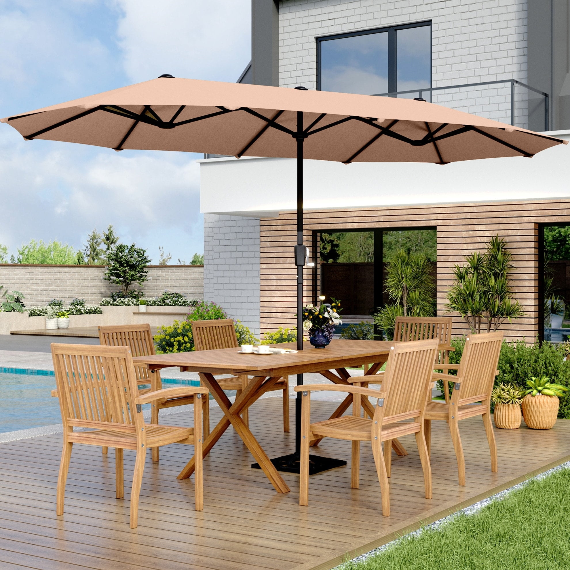 Beige Double-Sided 13-Foot Outdoor Market Umbrella with Crank