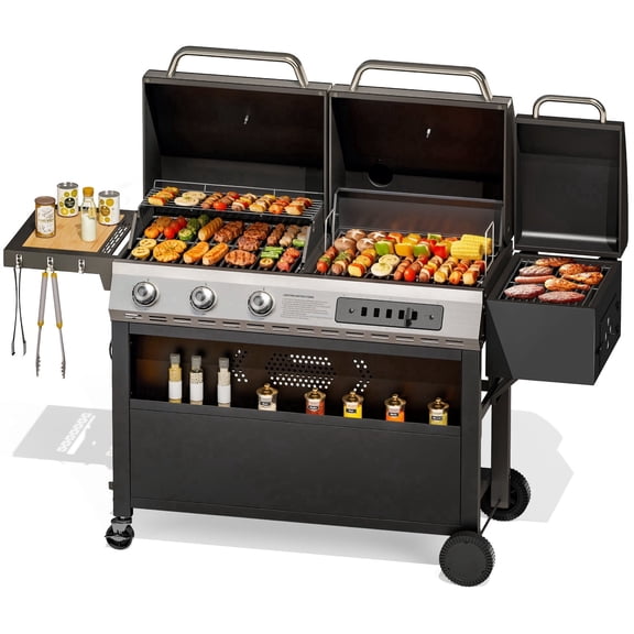 PHI VILLA 3-Burner Gas and Charcoal Combo Grill with Offset Smoker Large Dual Fuel BBQ Grill for Outdoor
