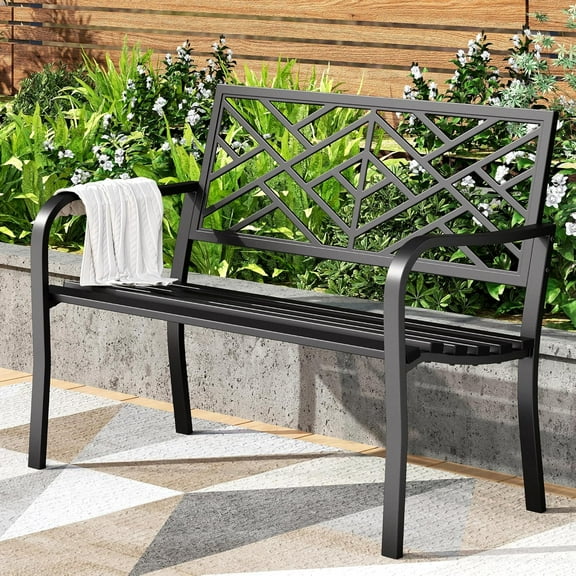 PHI VILLA 43 Inch Cast Iron Steel Frame Outdoor Garden Bench, Patio Furniture Chair Bench w/Line Pattern Design Backrest, Slatted Seat for Park, Yard, Porch - Black