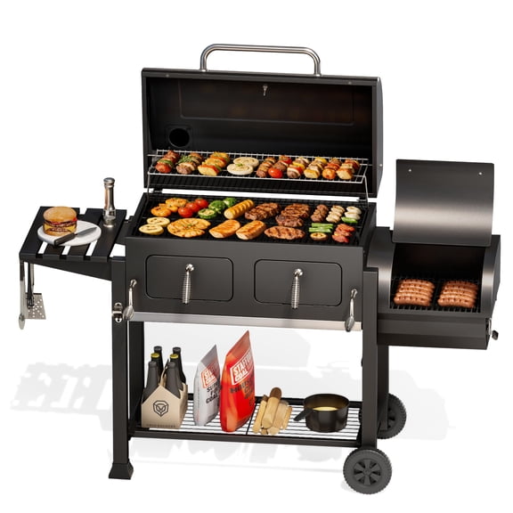 PHI VILLA Charcoal Grill with Offset Smoker 1015 sq in Extra Large Charcoal BBQ Grill for Outdoor Cooking