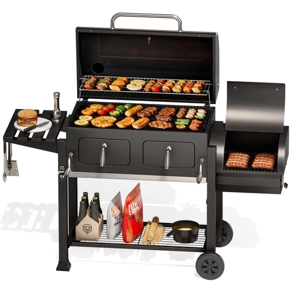 PHI VILLA Charcoal Grill with Offset Smoker 1015 sq in Extra Large Charcoal BBQ Grill for Outdoor Cooking