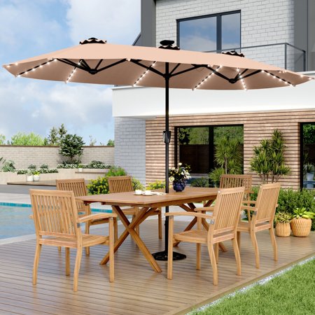 MAISON ARTS  Double-Sided 13-foot Twin Outdoor Market Crank Umbrella with Colored LED Lights Beige - Colored lights
