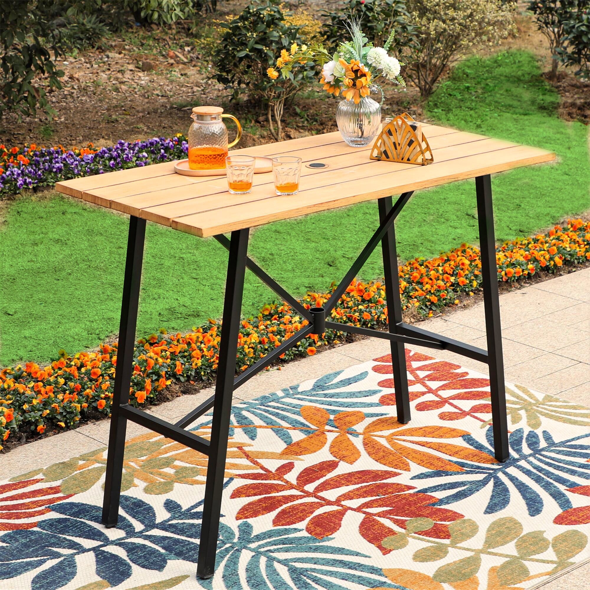 PHI VILLA Outdoor Bistro Bar Table Woodgrain Metal Tabletop 4