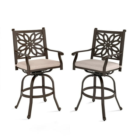 PHI VILLA Outdoor Patio Swivel Bar Stools Cast Aluminum Arms Chairs Set of 2 with Seat Cushion