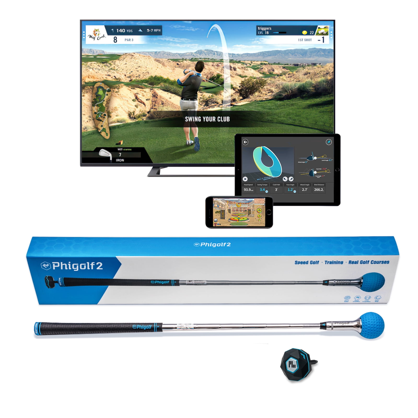  PHIGOLF Home Golf Simulator with Weighted Swing Stick, Indoor  & Outdoor Use, Swing Trainer with Motion Sensor & 3D Swing Analysis,  Supports Android and iOS Devices, Compatible with WGT 