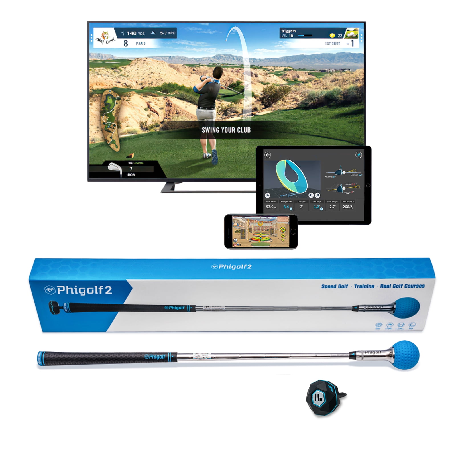 PHIGOLF Smart Home Golf Simulator – Swing Stick Trainer & Analyzer – Mobile  Golf Game Featuring WGT & E6 Connect Apps and Software (iOS & Android  Compatible)