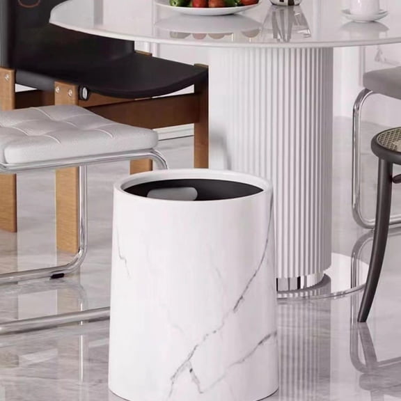 PHIGZNT Round Metal Small 3.9 Gallon Recycle Trash Can Wastebasket, Garbage Container Bin for Bathrooms, Kitchen, Bedroom, Home Office - Durable Stainless Steel - Mirri Collection - White Marble