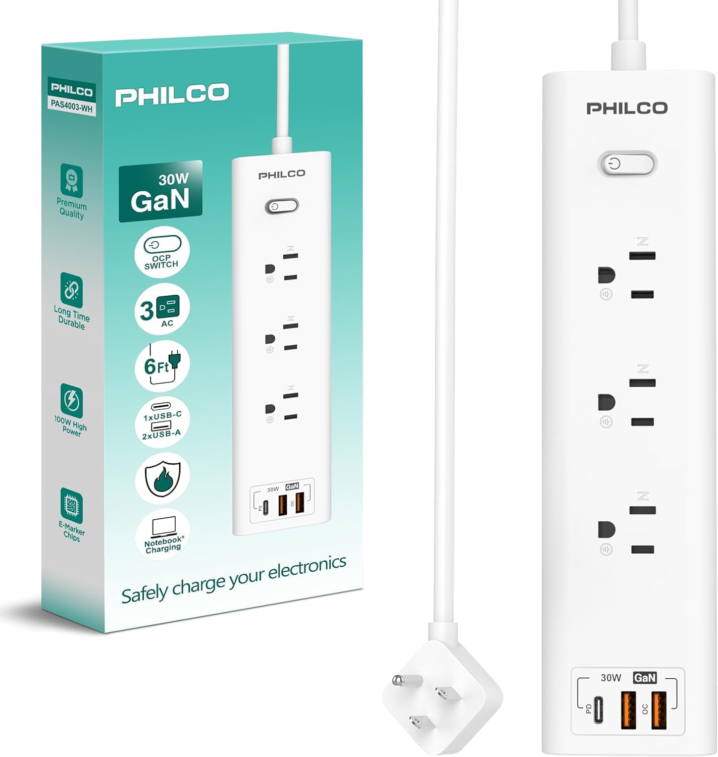 Philco Surge Protector Power Strip, Power Outlet, Surge Protector with USB Ports, 30W 3 Outlets W/ 1 USB-C & 2 USB-A Ports, 6ft Extension Cord with Multiple Outlets, Flat Plug, Home Office Essentials