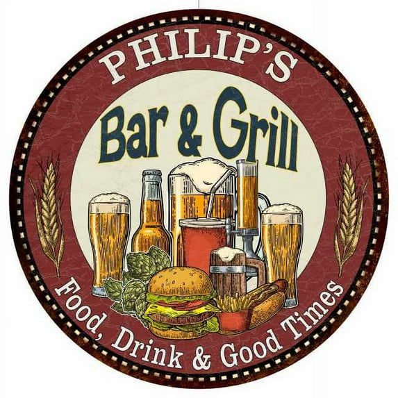 PHILIP'S Bar and Grill 14" Round Metal Sign Kitchen Wall Decor 100140020335