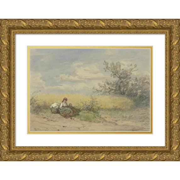 PHILIPP RUMPF 18x14 Gold Ornate Wood Frame and Double Matted Museum Art Print Titled - Peasant Woman with a Child Resting in Front of a Mature Grain Field
