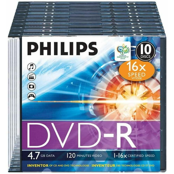 PHILIPS - 16x Speed DVD-R Blank DVDs - Slim Case 10 Pack
