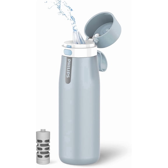 PHILIPS 18.6oz Filtered Insulated Water Bottle, 304 Stainless Steel Reusable Tumbler, BPA‑Free Leak‑Proof Lid, Hot Cold Retention, Filter Reduces Chlorine & Odor, Lasts 2 Months or 40 Gallons, Blue