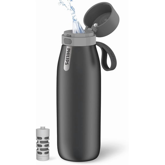 PHILIPS 32oz Filtered Insulated Water Bottle, 304 Stainless Steel Reusable Tumbler, BPA‑Free Leak‑Proof Lid, Hot Cold Retention, Filter Reduces Chlorine & Odor, Lasts 2 Months or 40 Gallons, Gray