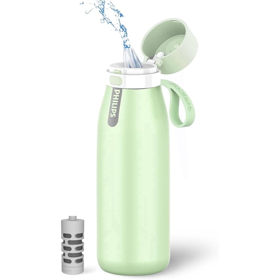 PHILIPS 32oz Filtered Insulated Water Bottle, 304 Stainless Steel Reusable Tumbler, BPA‑Free Leak‑Proof Lid, Hot Cold Retention, Filter Reduces Chlorine & Odor, Lasts 2 Months or 40 Gallons, Green