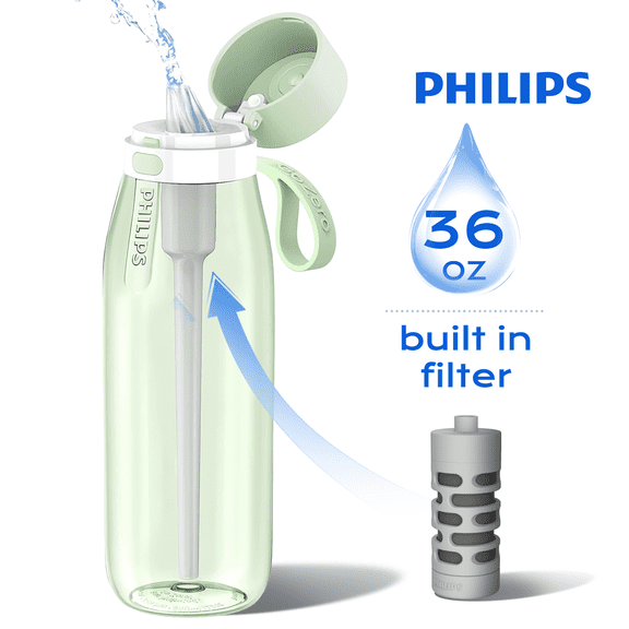 PHILIPS 36oz Filtered Water Bottle, BPA-Free Reusable Plastic Water Bottle with Filter, Portable Travel Water Filtered Bottle, Leak Proof with Straw, Filp Lid, Reduce Chlorine, Ideal Gift, Green