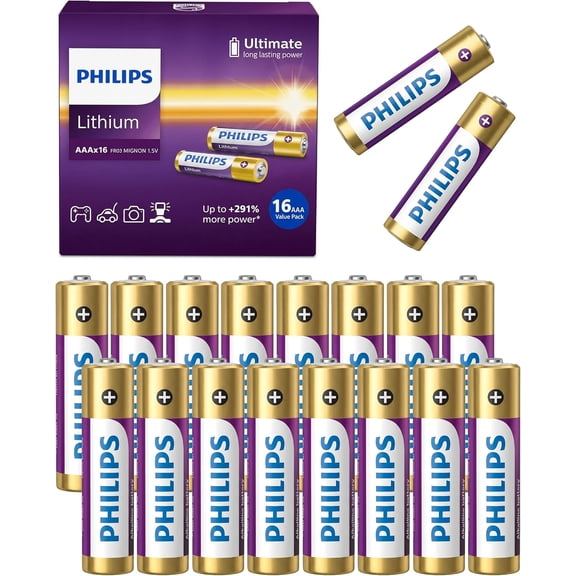 PHILIPS AAA Lithium Batteries (16 Pack) 1200mAh 1.5V Lithium Triple A Batteries Ultimate Long Lasting for High-Drain Devices, Leakproof, Lightweight, Non-Rechargeable