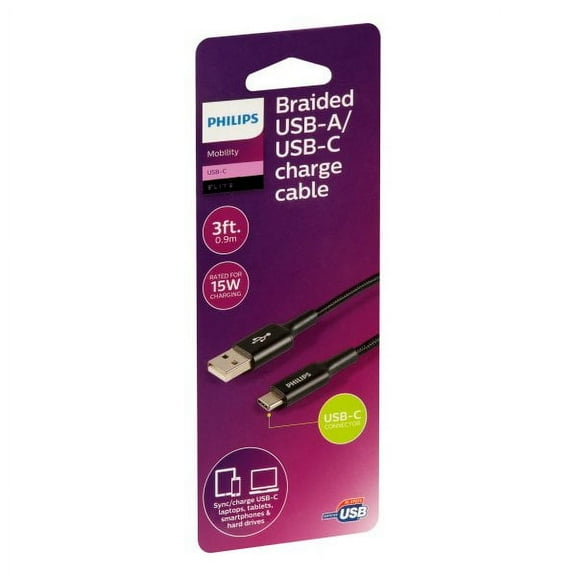 PHILIPS DLC3201C PHILIPS USB-C TO A 3FT CABLE BLK BRAIDED