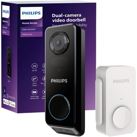PHILIPS Dual Camera Video Doorbell Wireless, 2K with HDR, Security Camera, Wi-Fi Video Doorbell with Chime, No Monthly Fees, Compatible with Alexa & Google Assistant, Battery/Wired Powered