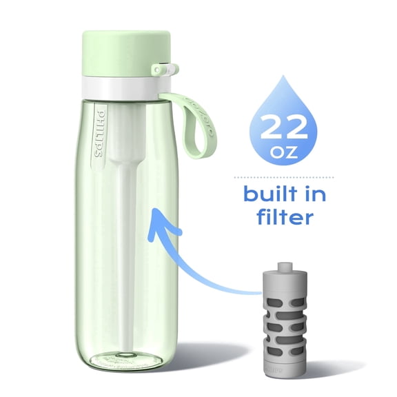 PHILIPS Filtered Water Bottle, BPA-Free Tritan Plastic Water Bottles, Replaces 450 Plastic Water Bottle with Reusable GoZero Everyday Water Filter, Portable Filtering Bottle for Travel, 22 oz, Green