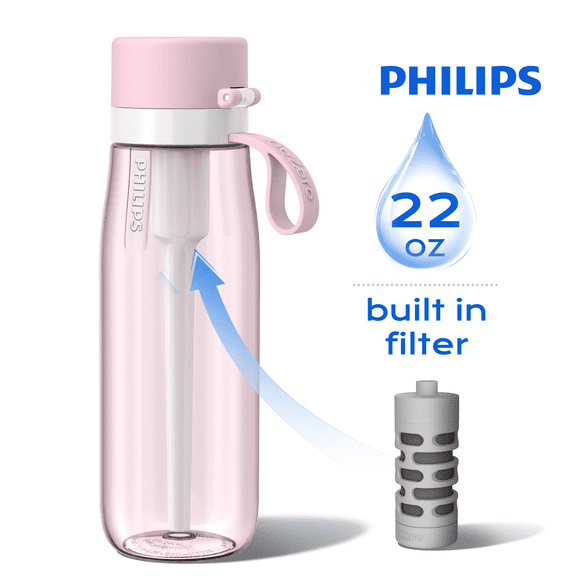 PHILIPS 22oz Filtered Water Bottle, BPA-Free Reusable Plastic Water Bottle with Filter, Portable Water Filtered Bottle for Travel, Leak Proof with Straw, Filp Lid, Reduce Chlorine, Ideal Gift, Pink