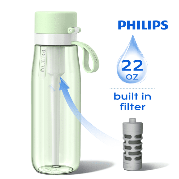 PHILIPS 22oz Filtered Water Bottle, BPA-Free Reusable Plastic Water Bottle with Filter, Portable Water Filtered Bottle for Travel, Leak Proof with Straw, Filp Lid, Reduce Chlorine, Ideal Gift, Green