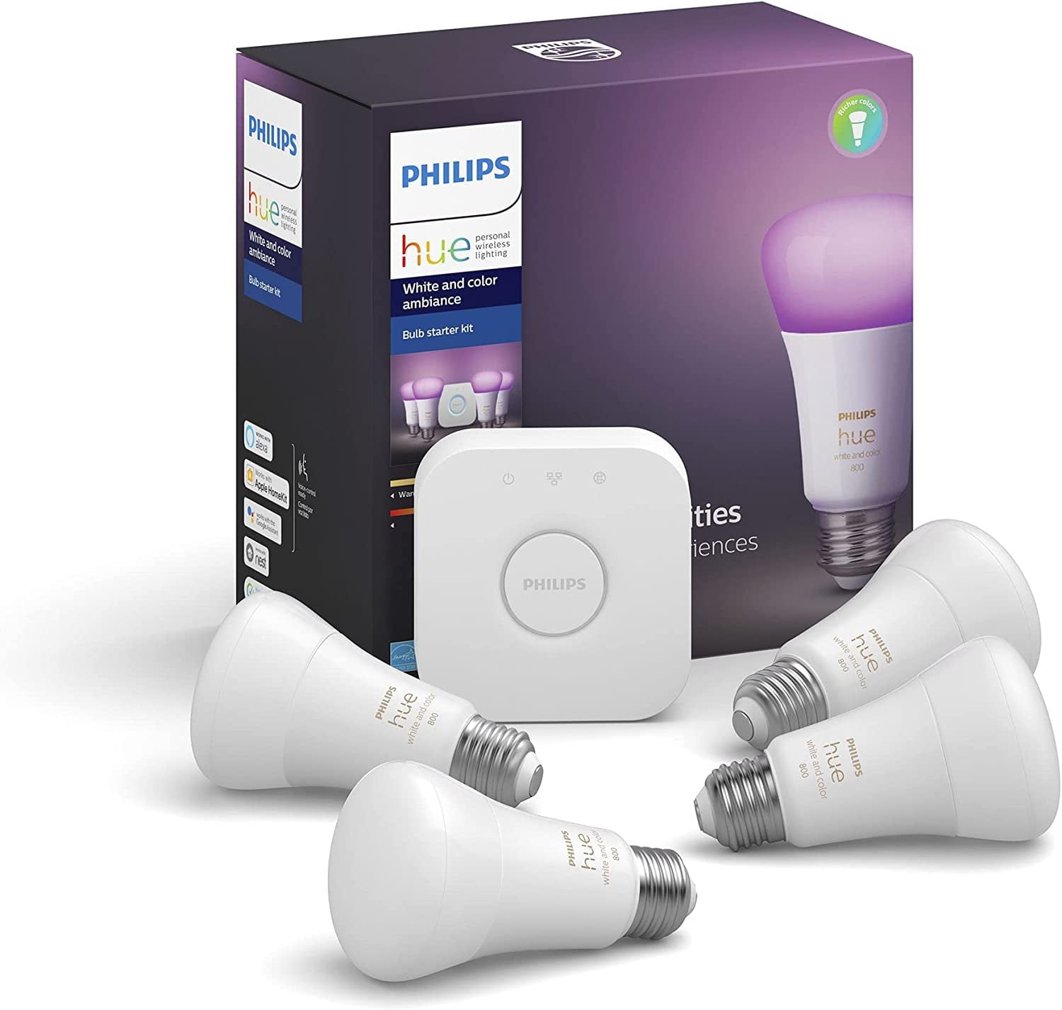 PHILIPS Hue A19 LED Smart Bulb Starter Kit, 4 A19 Bulbs, 1 Hue Hub 