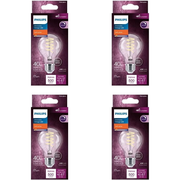 PHILIPS LED 40W A19 4-Pack Vintage Edison Soft White (2700K) 500 Lumen (5.5W = 40W) Dimmable Flicker-Free Light Bulbs