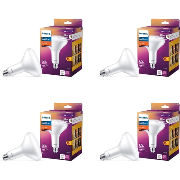 PHILIPS LED 65W BR40 4-Pack Ultra Definition Soft White (2700K) 800 Lumen (10W = 65W) Dimmable Frosted Flicker-Free Light Bulbs
