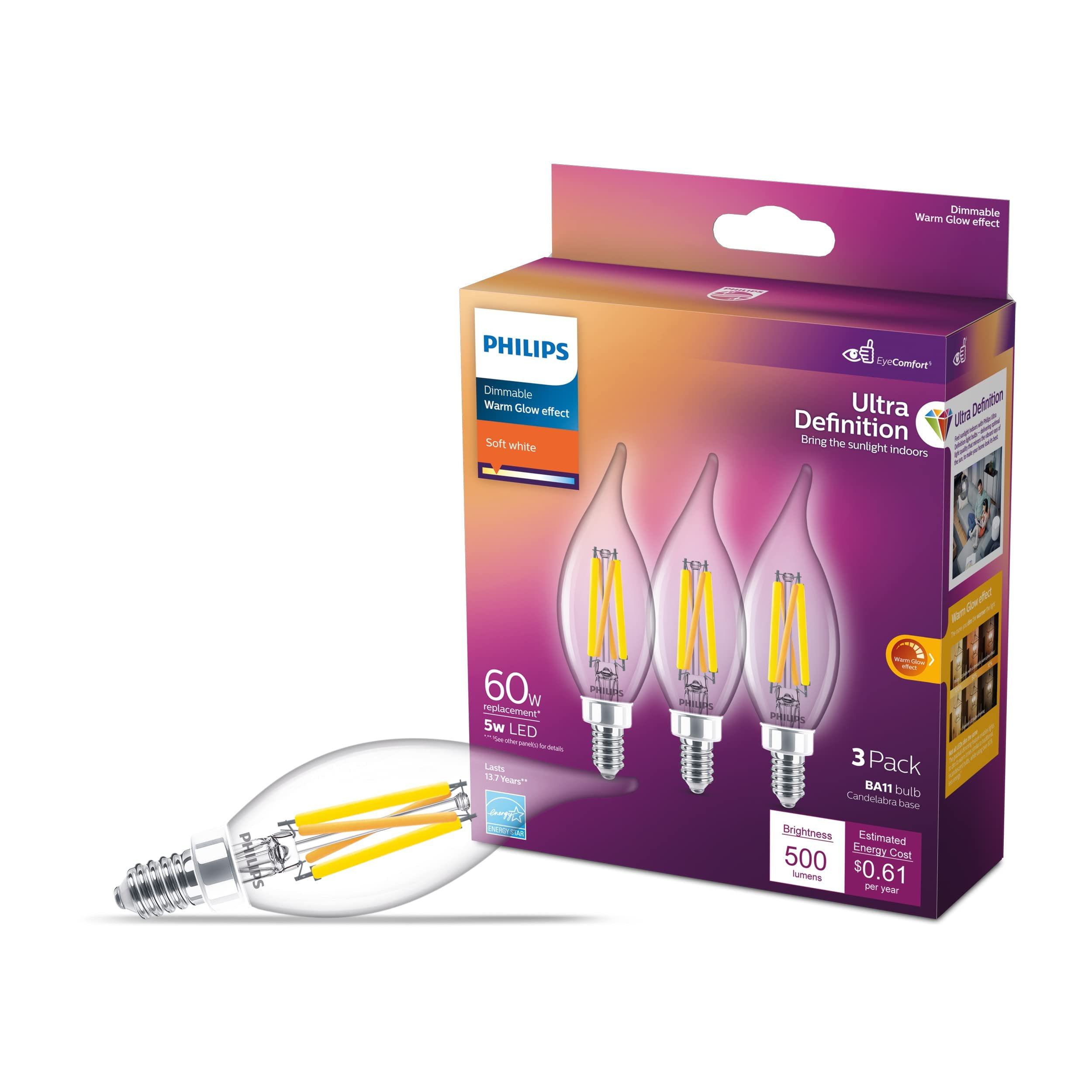 White Dimmable Energy Star LED Candelabra Bulb 60W Equivalent