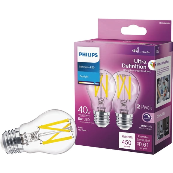 PHILIPS LED Ultra Definition Flicker-Free Dimmable, Eye Comfort Technology, Daylight 5000K A15 Clear Glass Light Bulb, 450 Lumen, 5W=40W, E26 Base, Title 20 Certified, 2-Pack
