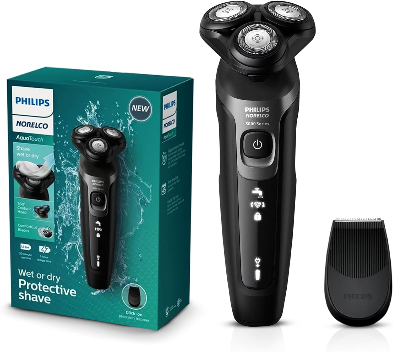 PHILIPS Norelco Electric Shavers for Men, Rechargeable AquaTouch Mens Electric Shaver Wet and Dry with Comfort Cut Blades and Click-on Precision Trimmer, Cordless Electric Razors with 5D Flex Head