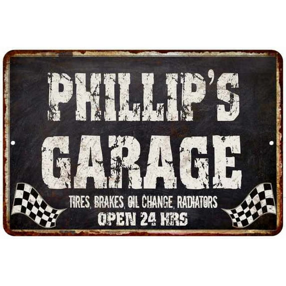PHILLIP'S Garage Black Grunge Sign 8 x 12 Matte Finish Metal 108120005425