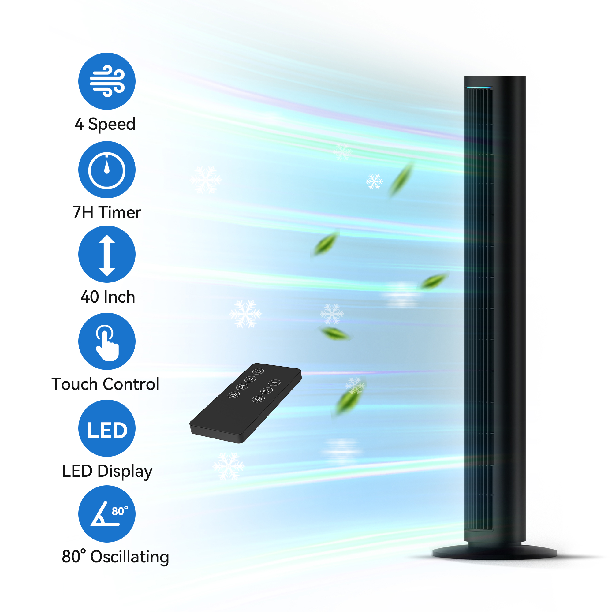 Kcpolre 40Inch Tower Fan For Bedroom, 80 ° Oscillating Fan With Bladeless Design, Silent Cooling Technology With Remote Control Led, 4 Speeds Multi-Functional Modes, 7h Timer, Large Air Outlet