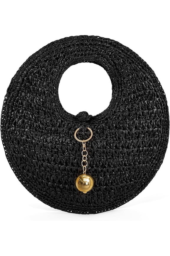 Woven Straw Beach Bag for Women Handmade Raffia Circle Bag, Summer Boho Chic Tote Purse Handbag Large Round Bag