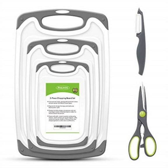 PHILWIN Plastic Cutting Boards for kitchen, 3 Piece Set Chopping Board with NonSlip Feet and Deep Drip Juice Groove, Easy Grip H