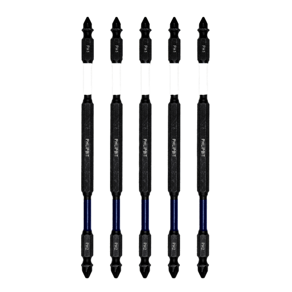 PHLiPBiT ORiGiNAL - PH1+PH2, 6 INCH, 5pk. Double End+Double Duty, Quick Connect IMPACT BiT, USA IRPB6PH1PH2-5 (PH1 White Drives #4/6 + PH2 Blue #8/10 Phillips Screw) "ULT" MULTi S/Driver Compatible