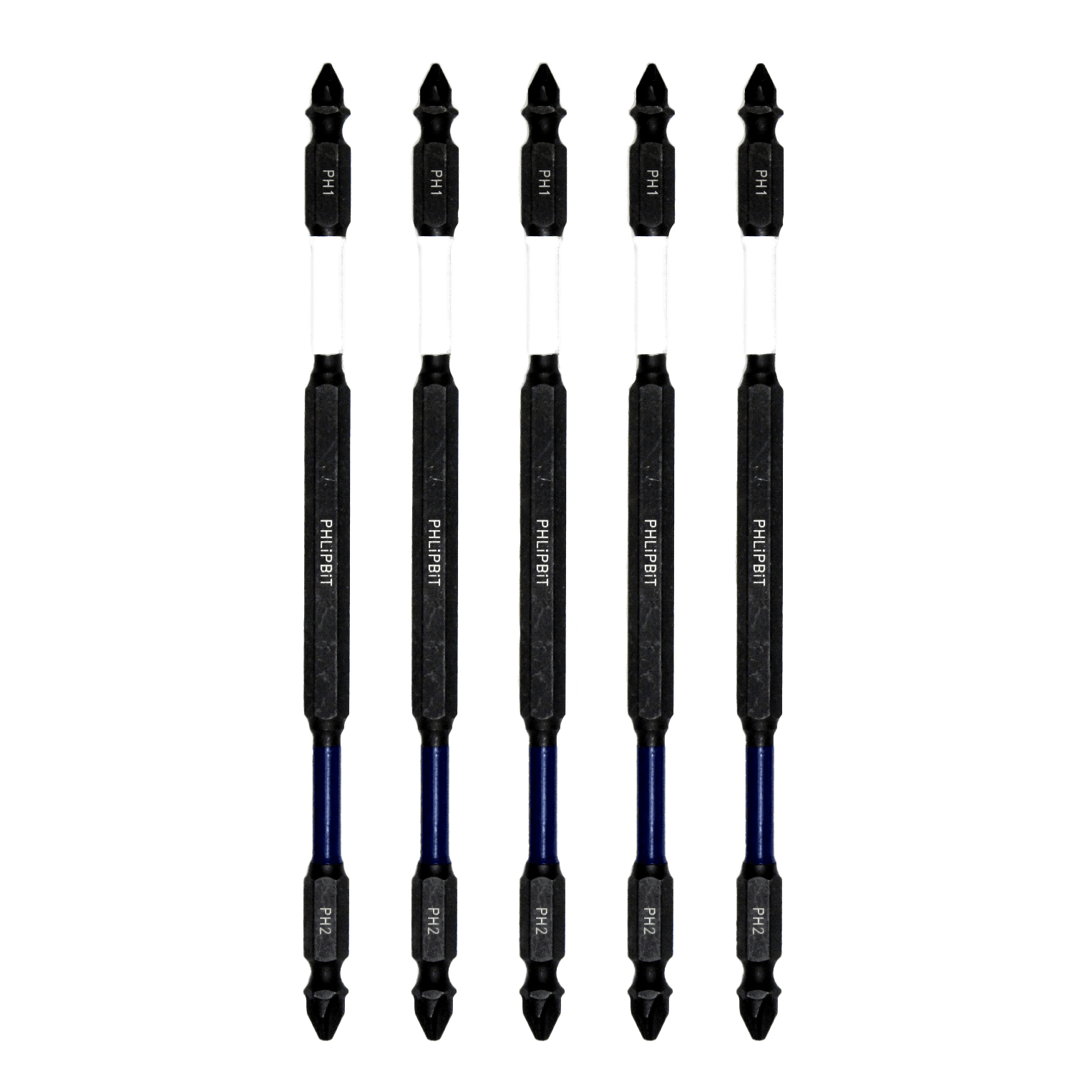 PHLiPBiT ORiGiNAL - PH1+PH2, 6 INCH, 5pk. Double End+Double Duty, Quick Connect IMPACT BiT, USA IRPB6PH1PH2-5 (PH1 White Drives #4/6 + PH2 Blue #8/10 Phillips Screw) "ULT" MULTi S/Driver Compatible