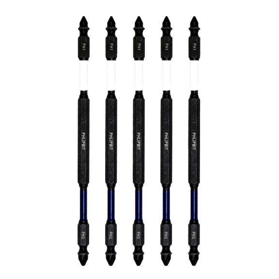 PHLiPBiT ORiGiNAL - PH1+PH2, 6 INCH, 5pk. Double End+Double Duty, Quick Connect IMPACT BiT, USA IRPB6PH1PH2-5 (PH1 White Drives #4/6 + PH2 Blue #8/10 Phillips Screw) "ULT" MULTi S/Driver Compatible