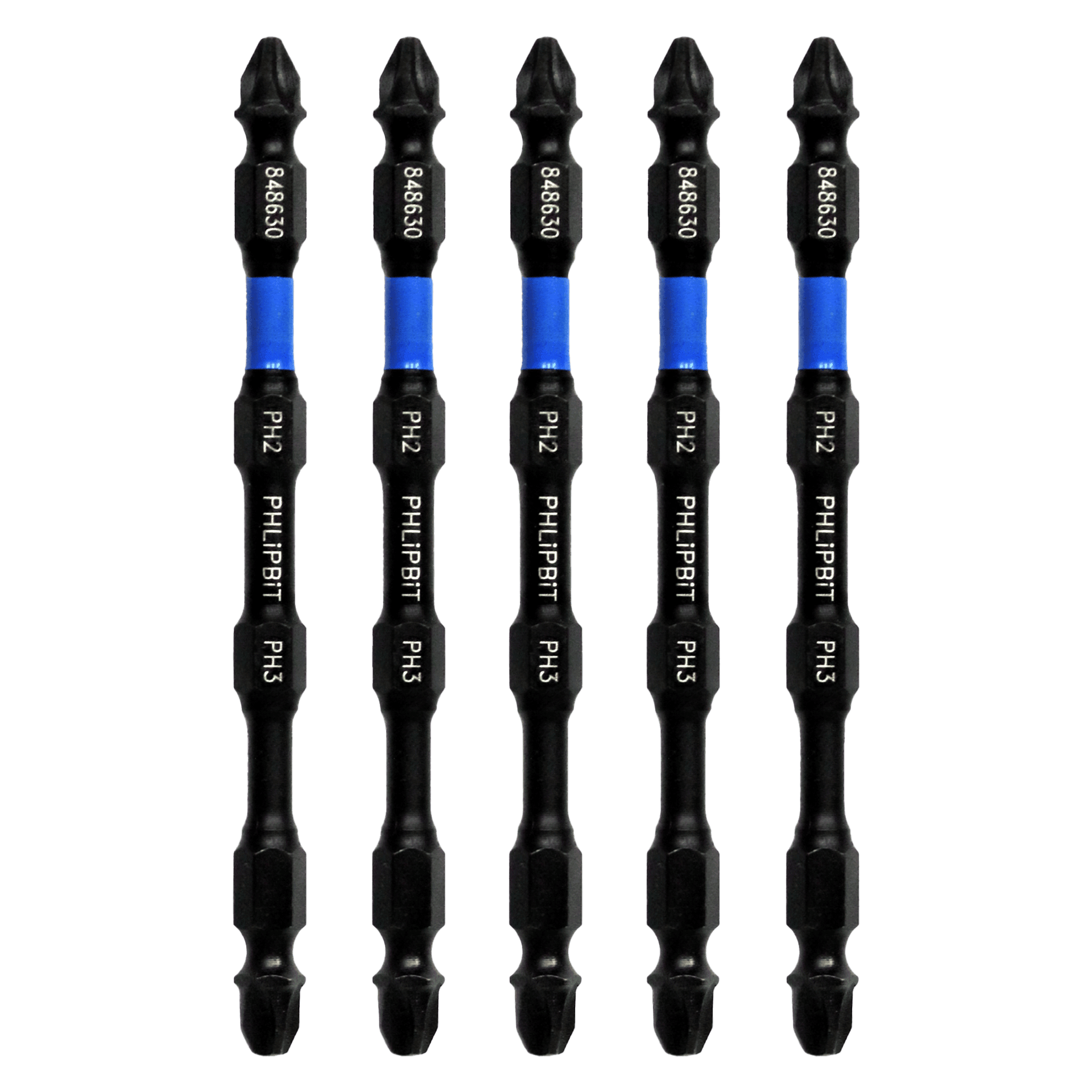 PHLiPBiT ORiGiNAL - PH2+PH3, 4 INCH, 5pk. Double End+Double Duty, 1/4" Hex IMPACT BiT, USA-IRPB4PH2PH3-5 (Blue/Black Drives #8/10/12/14-1/4" Phillips Screw) Fits "ULT" MULTi S/Driver