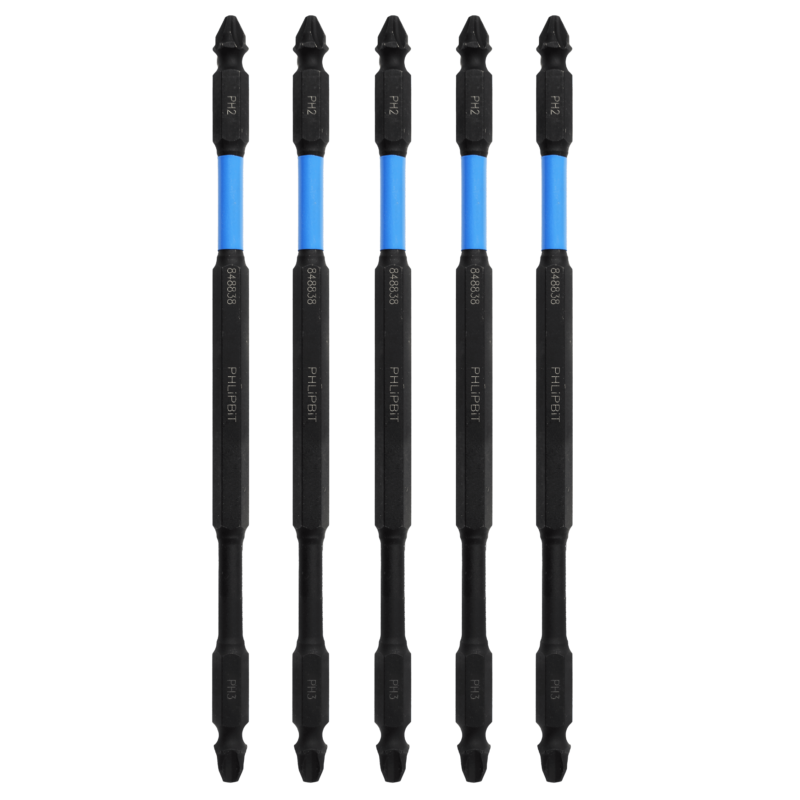 PHLiPBiT ORiGiNAL - PH2+PH3, 6 INCH, 5pk. Double End+Double Duty, 1/4" Hex IMPACT BiT, USA-IRPB6PH2PH3-5 (Blue/Black Drives #8/10/12/14-1/4" Phillips Screw) "ULT" MULTi S/Driver Compatible