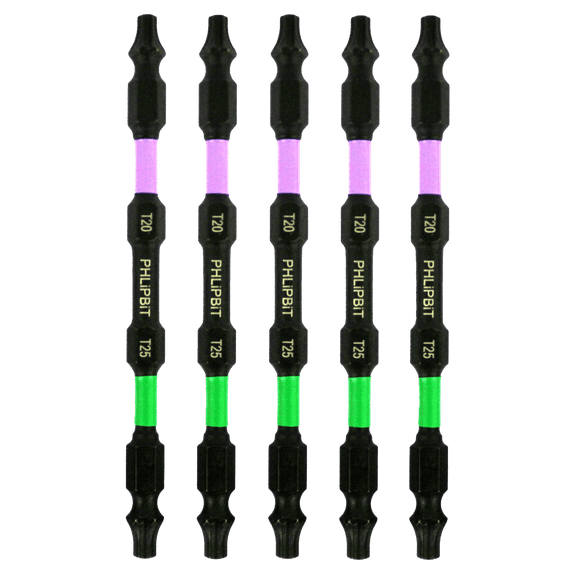 PHLiPBiT ORiGiNAL - T20+T25, 4 INCH, 5pk. Double End+Double Duty, 1/4" Hex IMPACT BiT, USA-IRPB4T20T25-5 (Pink T20+T25 Lime Drives #20+25 Torx/Star/GRK Screw) Fits "ULT" MULTi Screwdriver