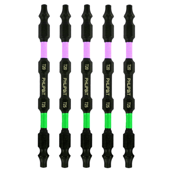 PHLiPBiT ORiGiNAL - T20+T25, 4 INCH, 5pk. Double End+Double Duty, 1/4" Hex IMPACT BiT, USA-IRPB4T20T25-5 (Pink T20+T25 Lime Drives #20+25 Torx/Star/GRK Screw) Fits "ULT" MULTi Screwdriver