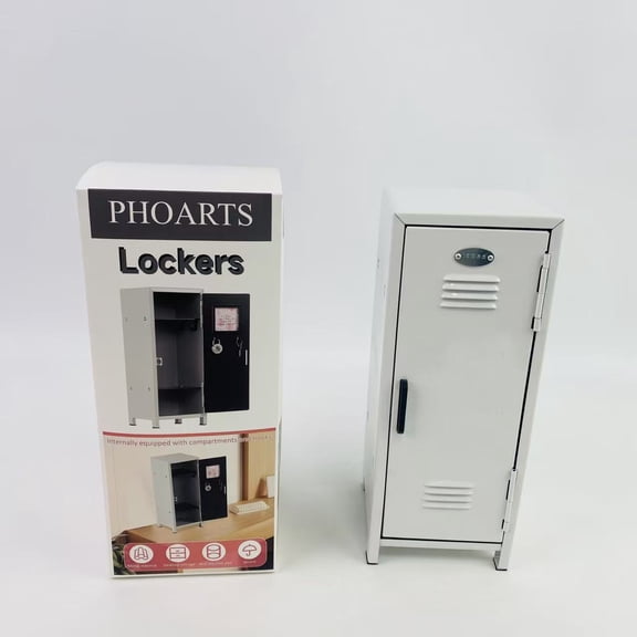 PHOARTS Lockers,Mini Locker with Lock & Keys, Stickers, Metal Small Locker for Desktop, White